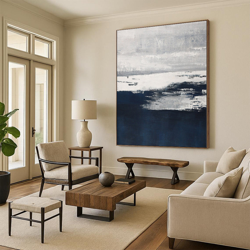 Gaint Canvas Art Gray and Navy Abstract Seaside Painting For Sale HS092