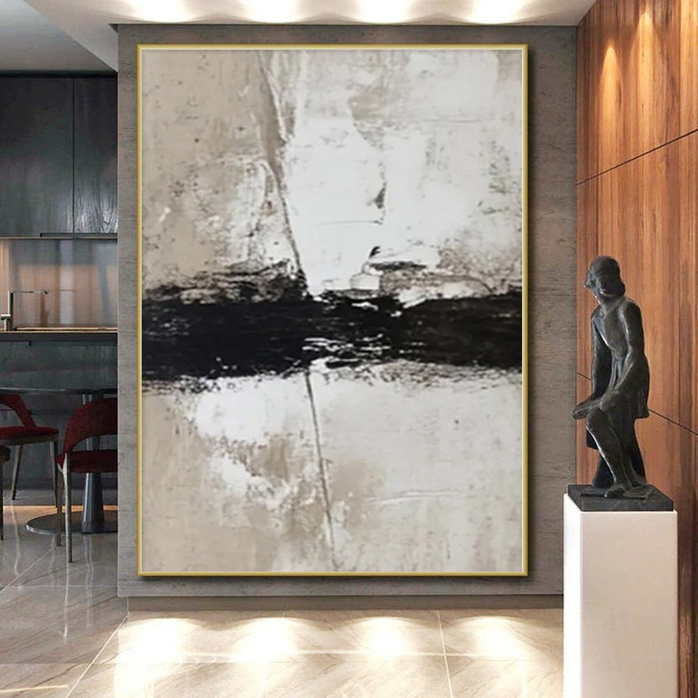 Hand-Painted Black, White, and Beige Minimalist Abstract Painting For Sale HS007
