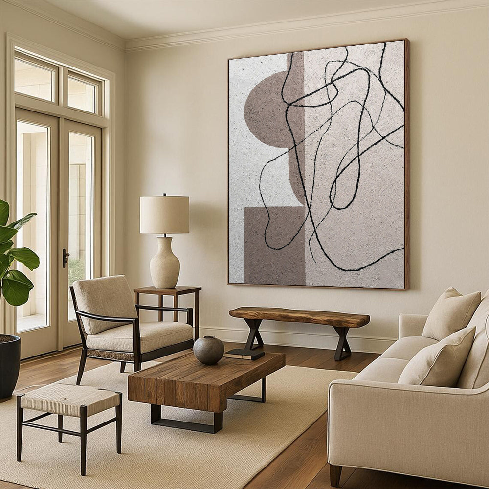 Cool Abstract Paintings Neutral Tones with Black Linear Abstract Art HS676