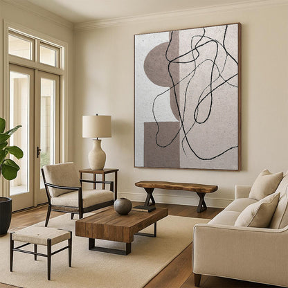 Cool Abstract Paintings Neutral Tones with Black Linear Abstract Art HS676