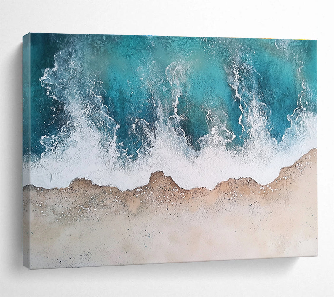 Big Size Teal, White, and Beige Textured Abstract Seashore - Acrylic Painting WB290