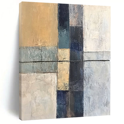 Handmade Art Beige, Gray, and Blue Abstract Geometric Painting For Sale HS153