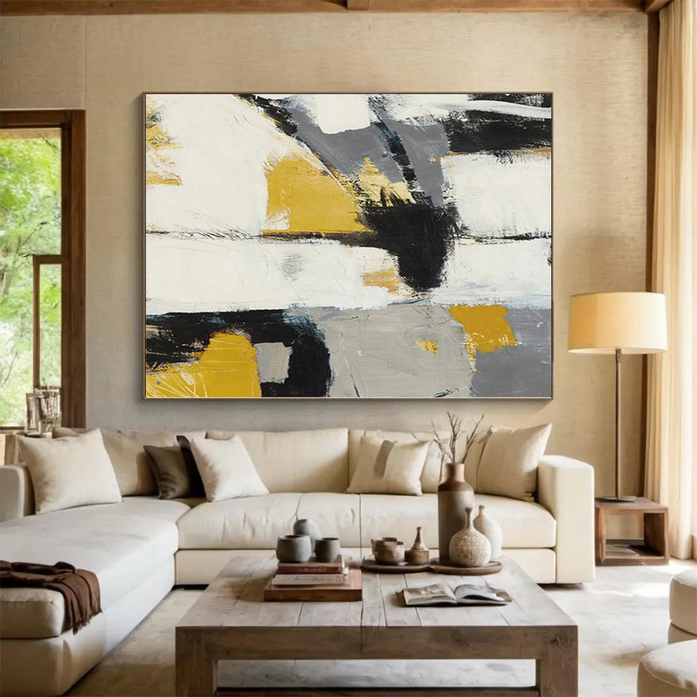 Huge Size Gray, Yellow, and Black Abstract Expressive Painting For Sale HS089