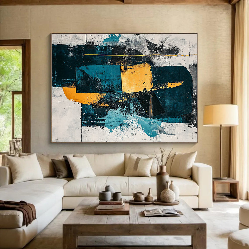 Hand Painted Art with Teal, Yellow, Black and White Colors, Geometric Abstract Theme WB326