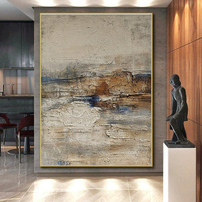 Handmade Art Beige, Brown, and Blue Textured Abstract Landscape HS630