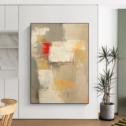Modern Art Acrylic Gray, White, Yellow, and Red Abstract Shape Painting For Sale HS150