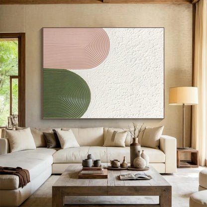 Hand-Painted Pink, Green, and White Abstract Curved Shape Textured Painting For Sale HS036
