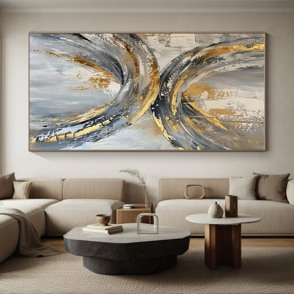 Cool Abstract Paintings Gold, Gray, and Black Circular Abstract Art HS737