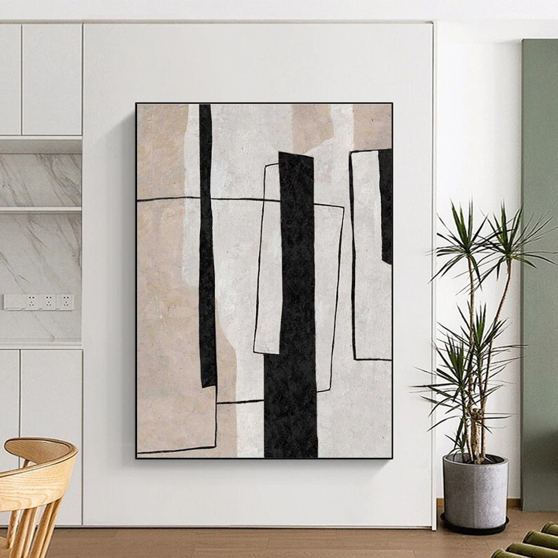 Modern Art Acrylic Black, Beige, and White Geometric Abstract Art HS680