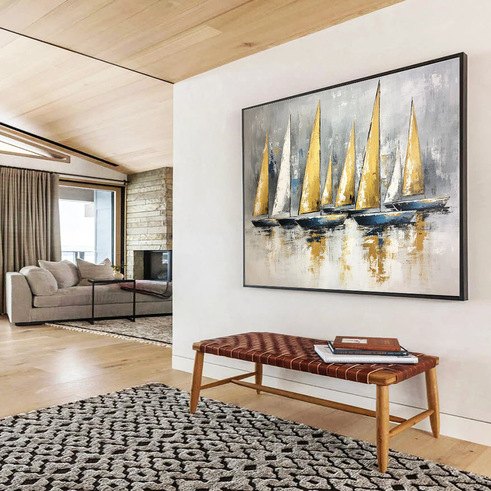Contemporary Abstract Painting with Gray, Gold and Blue Colors, Sailboat Theme Art WB323