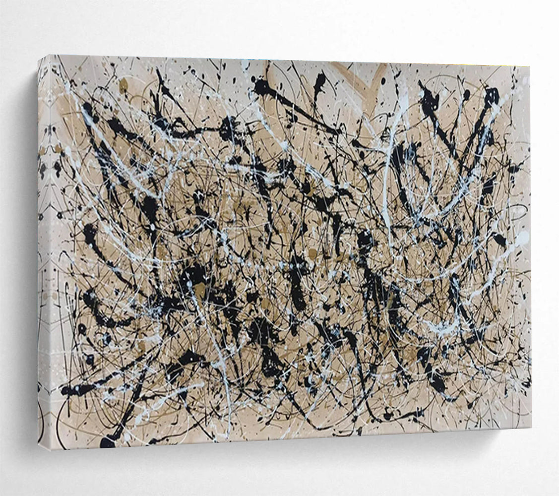 Acrylic Modern Art Paintings: Black Beige and White Splatter Abstract Painting WB364