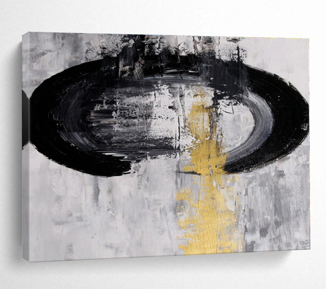 Black, White, Gold Abstract Circular Acrylic Painting WB013