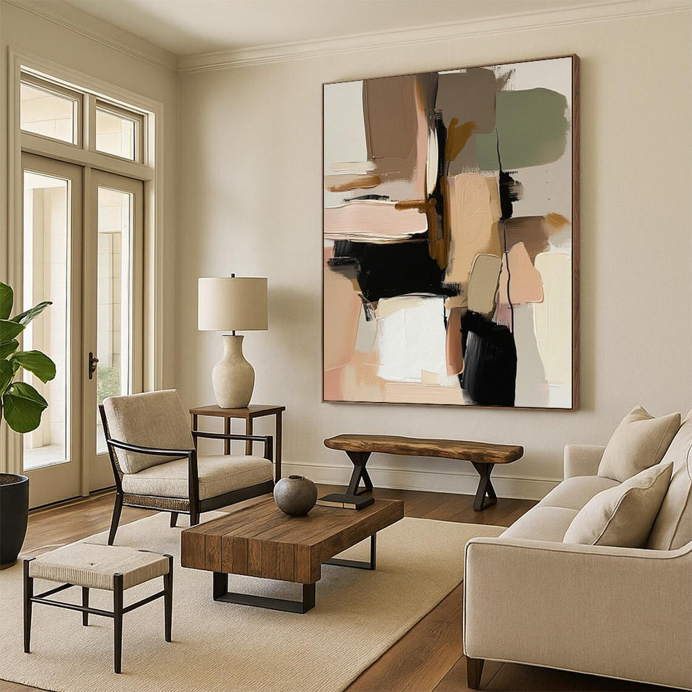 Hand-Painted Multicolor Beige Abstract Geometric Shape Painting For Sale HS055