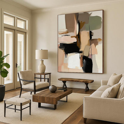 Hand-Painted Multicolor Beige Abstract Geometric Shape Painting For Sale HS055