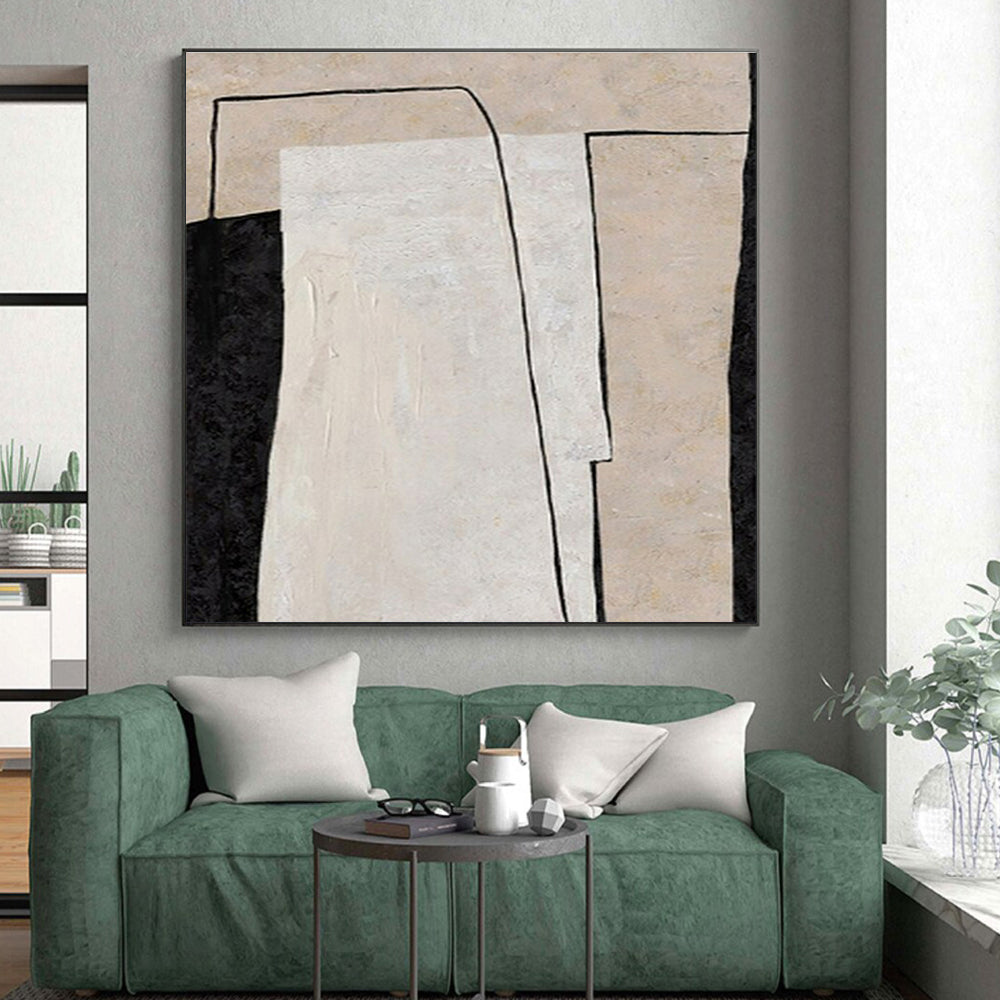 Hand Painted Art Beige, Black, and White Geometric Abstract Art HS698