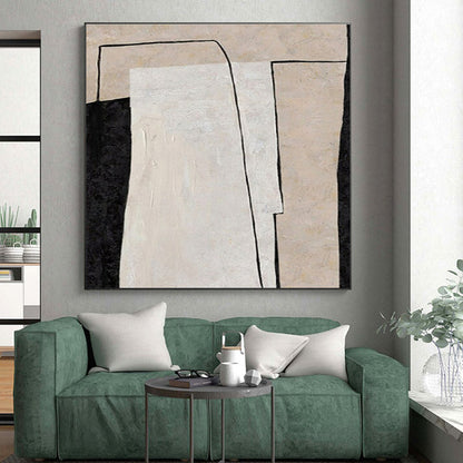 Hand Painted Art Beige, Black, and White Geometric Abstract Art HS698