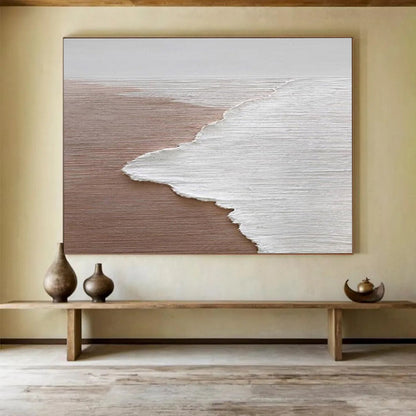 Horizontal Extra Large Size Brown and White Abstract Seaside Painting WB220