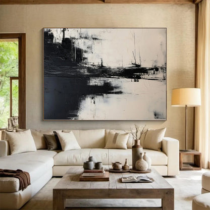 Hand-Painted Black and White Abstract Urban Landscape Painting For Sale HS056