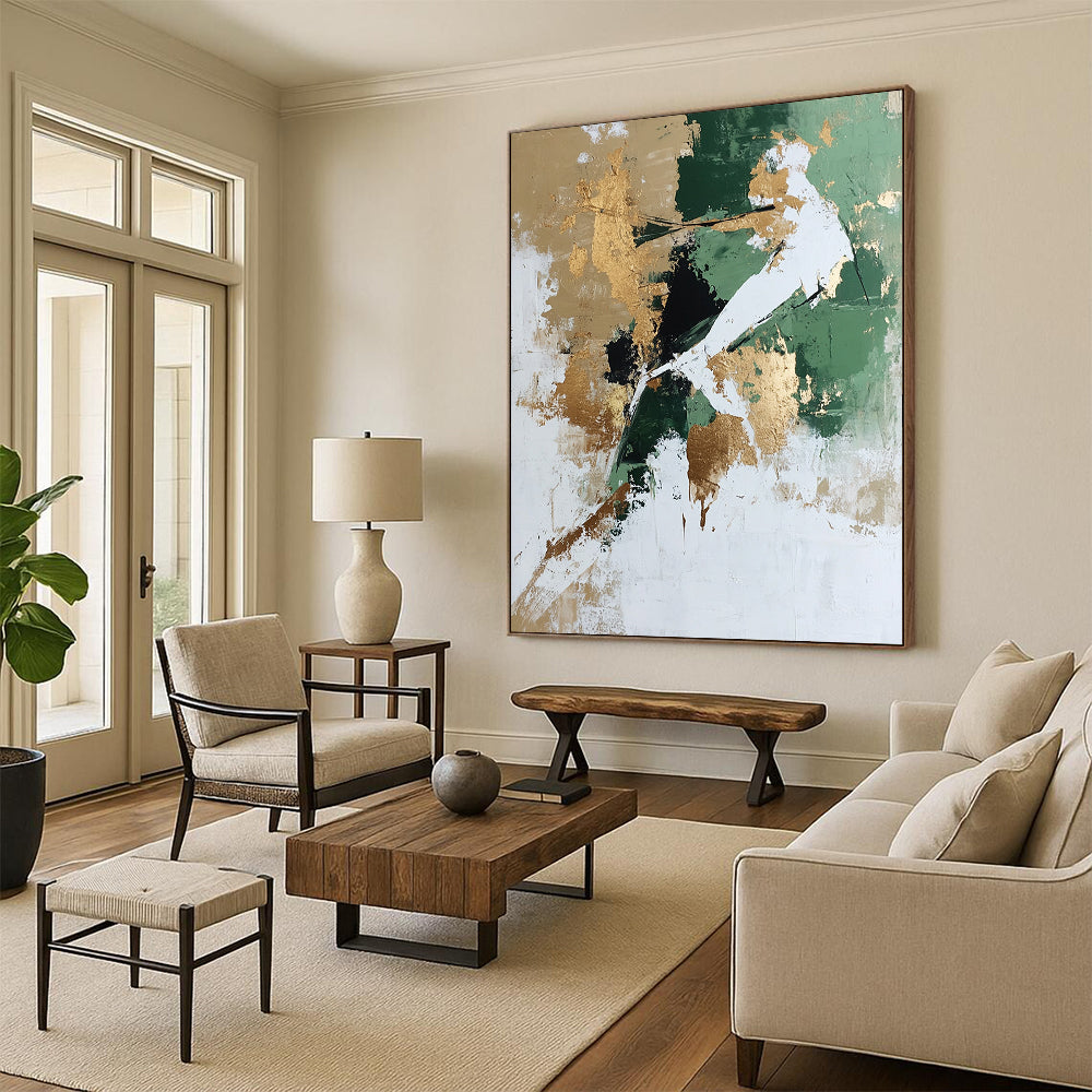 Green, Gold, White Abstract Textured Art For Living Room and Study WS434