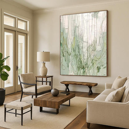 Unique Abstract Art Green & White Line Abstract, Large Contemporary Wall Art HS346
