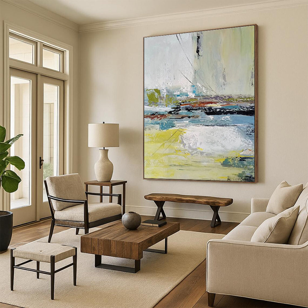 Large Contemporary Wall Art Yellow, Blue & Multicolor Textured Abstract, Modern Art Acrylic HS220