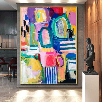 Hand-Painted Multicolor Gestural Abstract, Acrylic Modern Art Painting HS296