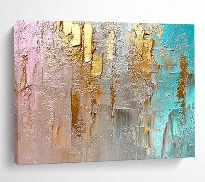 Big Size Gold, Silver, Teal, and Pink Abstract Textured Art - Acrylic Painting WB276