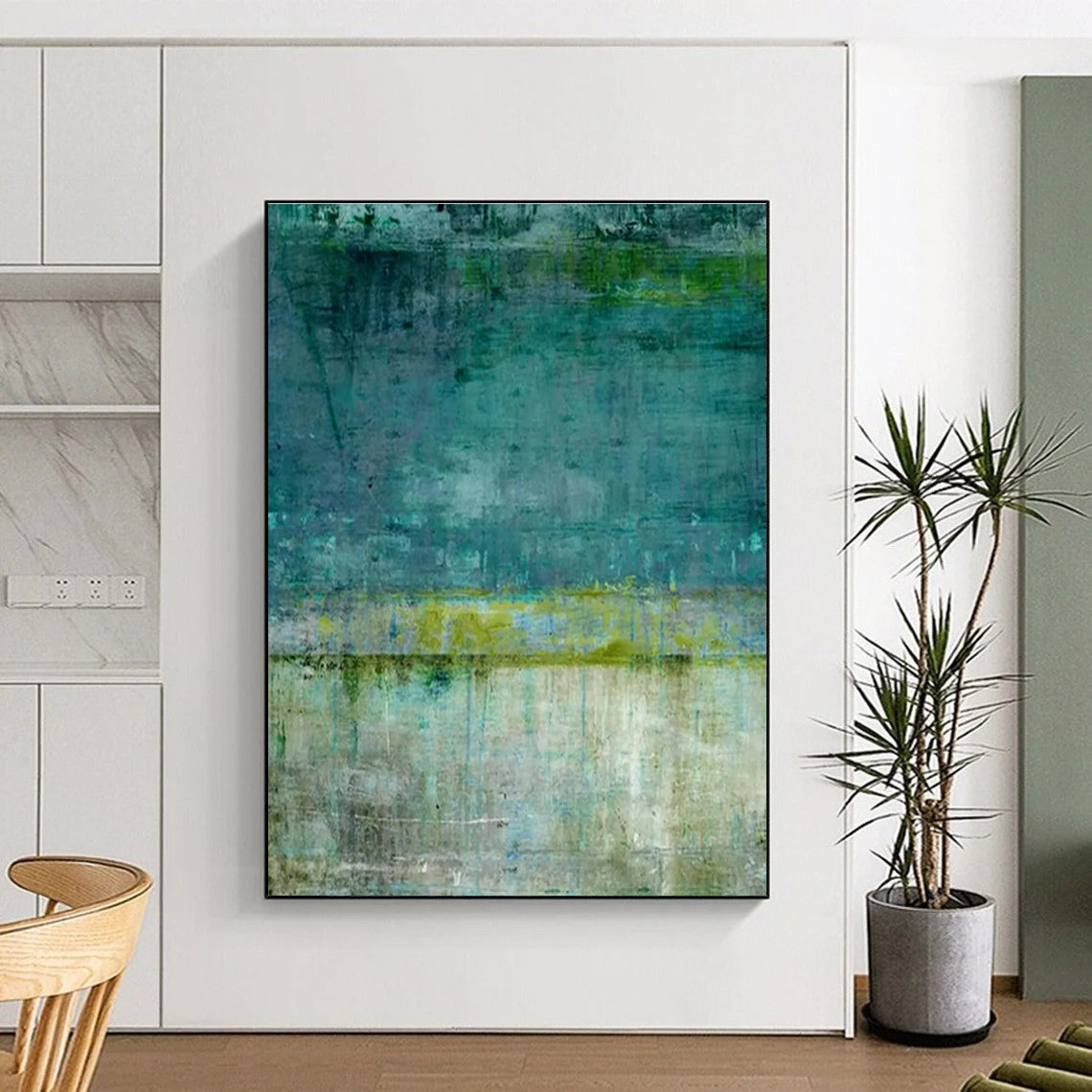 Teal, Green, and Beige Abstract Textured Painting For Sale WS513