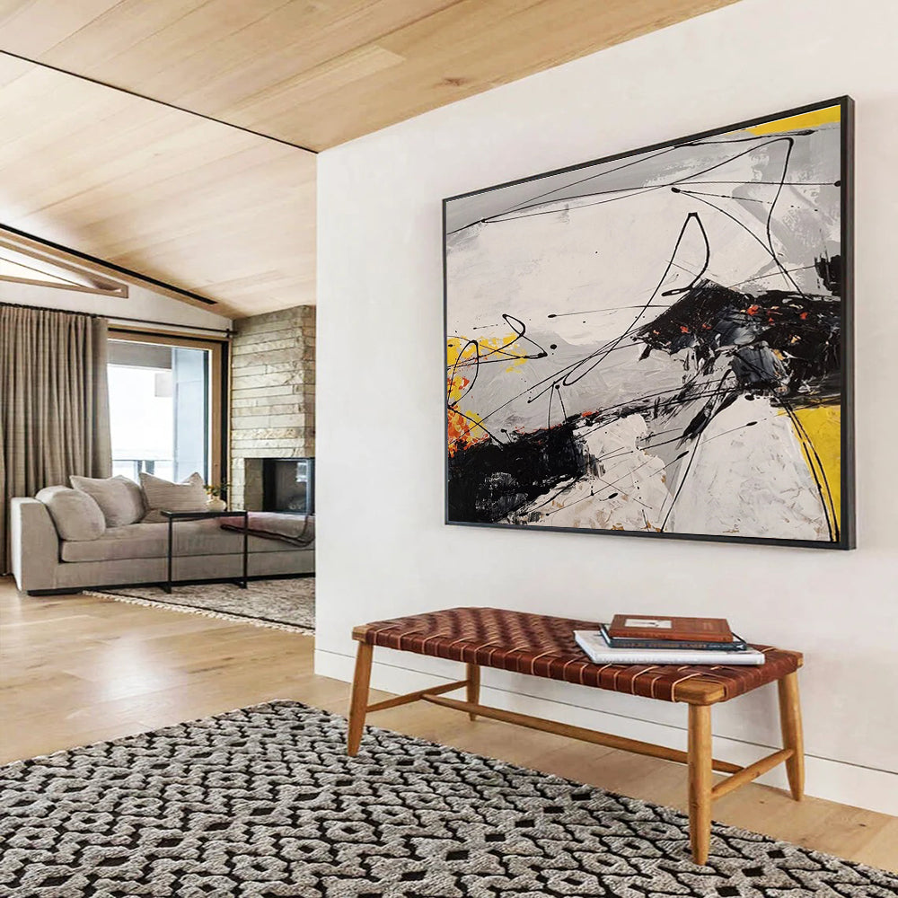 Oversized Canvas Art Black, White, and Yellow Abstract Linear Dynamic Art, Abstract Acrylic Painting WB185