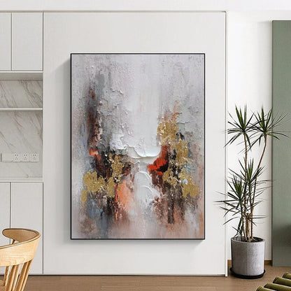Hand-Painted Gray, White, Gold, and Red Abstract Textured Painting For Sale HS031