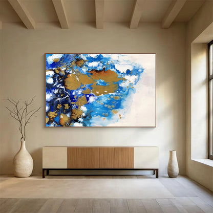 Huge Size Blue Gold and White Abstract Fluid Art Painting WB058