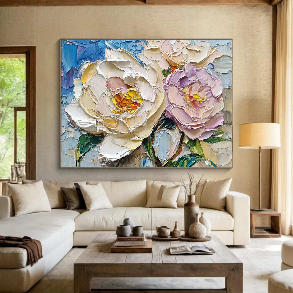 Hand Paintings with Cream, Pink and Blue Colors, Peony Flower Theme Abstract Art WB322