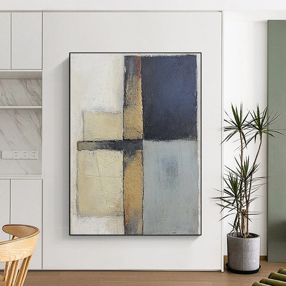 Modern Art Acrylic Beige, Black, and Gold Abstract Geometric Painting For Sale HS159