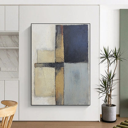 Modern Art Acrylic Beige, Black, and Gold Abstract Geometric Painting For Sale HS159