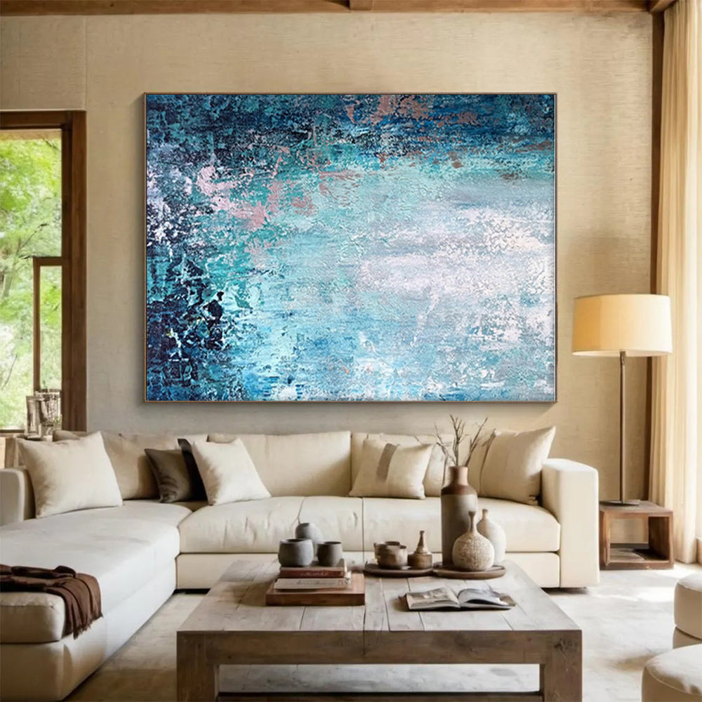 Unique Abstract Art Teal, Blue & Pink Textured Abstract, Large Contemporary Wall Art HS295