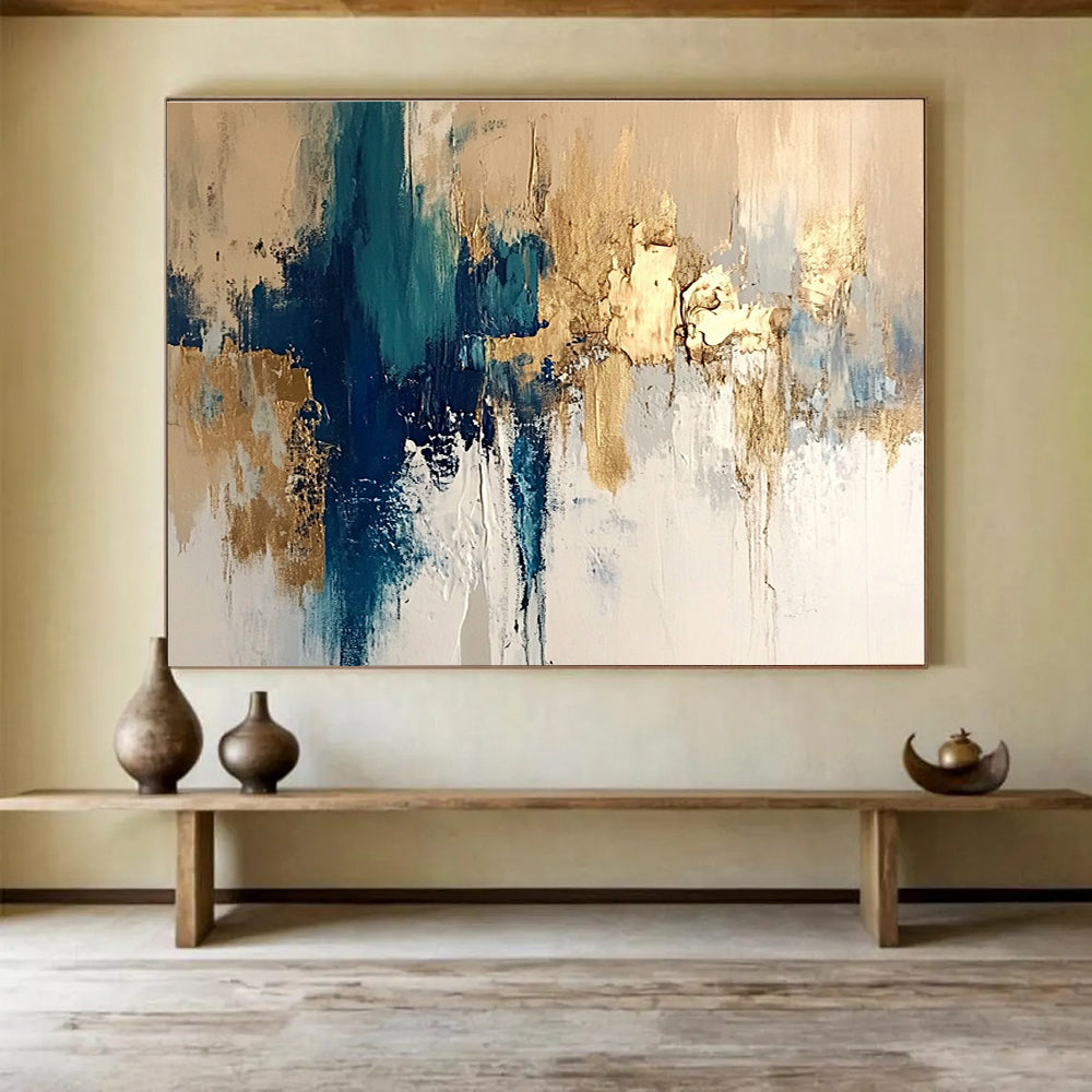 Extra Large Size Teal, Gold, and White Abstract Textured Art - Acrylic Painting WB275