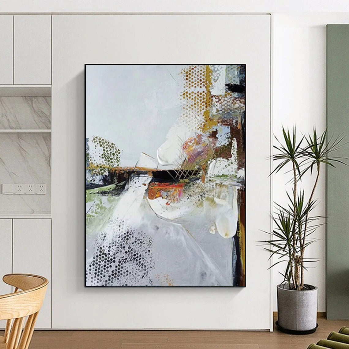 Hand-Painted White, Gold & Multicolor Textured Abstract, Large Painting In Living Room HS218