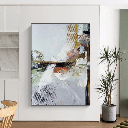 Hand-Painted White, Gold & Multicolor Textured Abstract, Large Painting In Living Room HS218