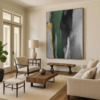 Hand-Painted Green, Black, and Gold Abstract Vertical Strokes Painting For Sale HS002