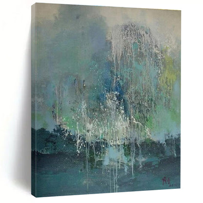 Hand-Painted Acrylic Modern Art Paintings with Teal, Blue, Green, White Dripping Textures - Large Painting In Living Room HS537