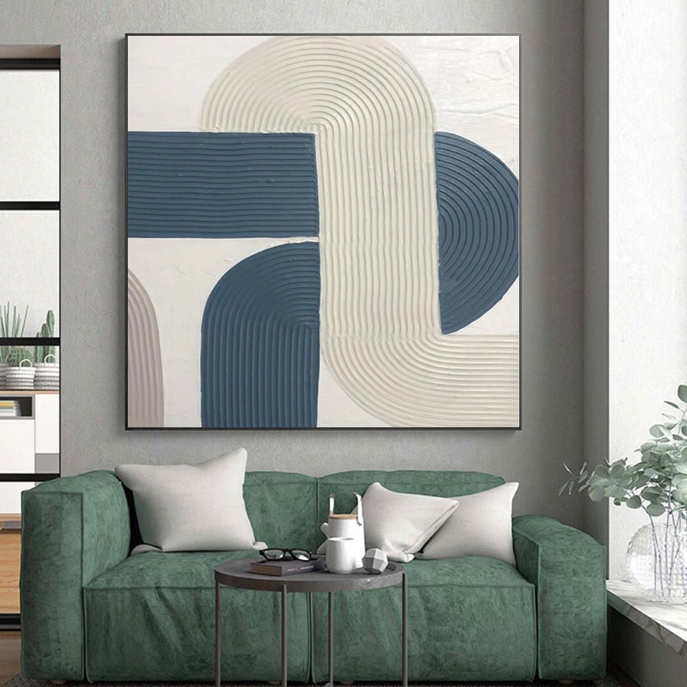 Hand-Painted Blue and Beige Abstract Curved Line Textured Painting For Sale HS029
