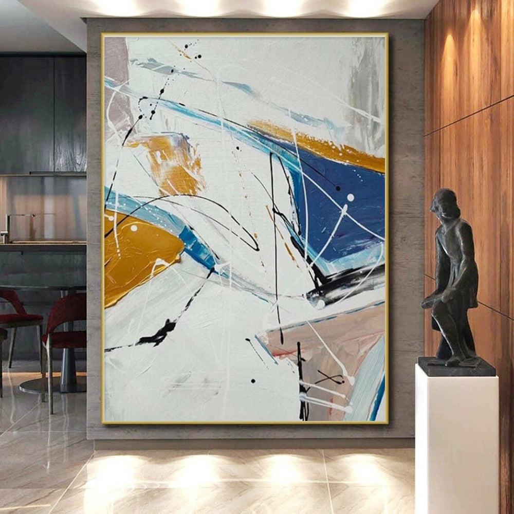 Big Painting Blue, Gold & White Gestural Abstract, Acrylic Modern Art Painting HS219