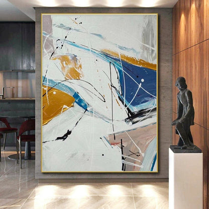 Big Painting Blue, Gold & White Gestural Abstract, Acrylic Modern Art Painting HS219