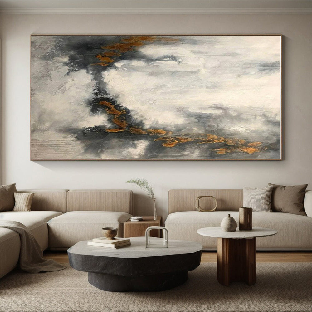 Unique Abstract Art Gray & Gold Textured Abstract, Large Contemporary Wall Art HS416