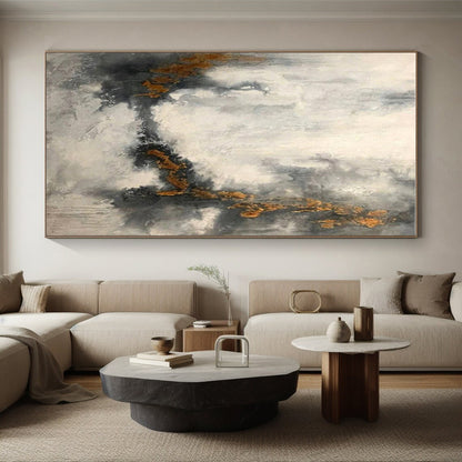 Unique Abstract Art Gray & Gold Textured Abstract, Large Contemporary Wall Art HS416