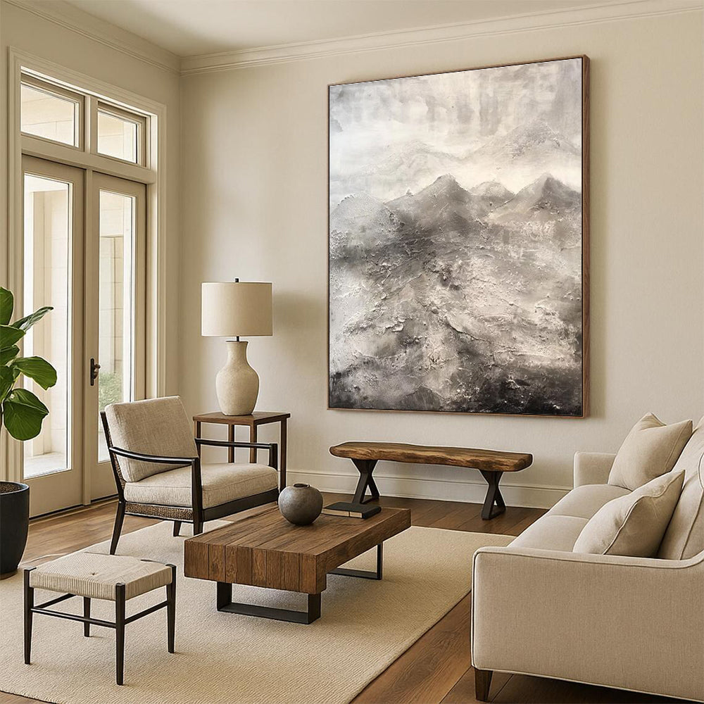 Hand-Painted Gray & White Textured Mountain Abstract, Acrylic Modern Art Painting HS251
