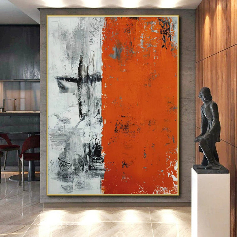 Hand Painting Orange, Black & White Textured Abstract Geometric Art HS402
