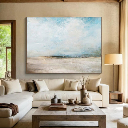 Blue, Beige, Gray Abstract Seaside Landscape Art For Sale WB387
