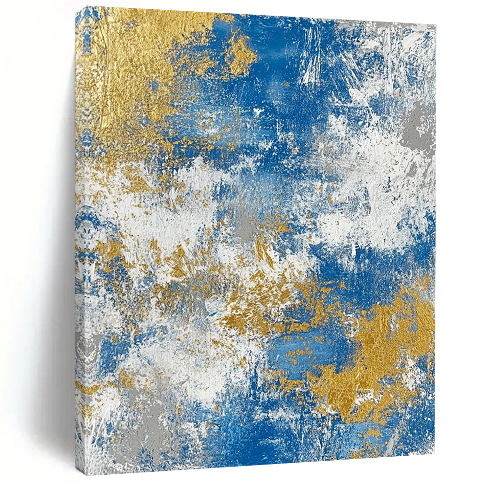 Handmade Art Blue, White, and Gold Abstract Textured Painting For Sale HS118