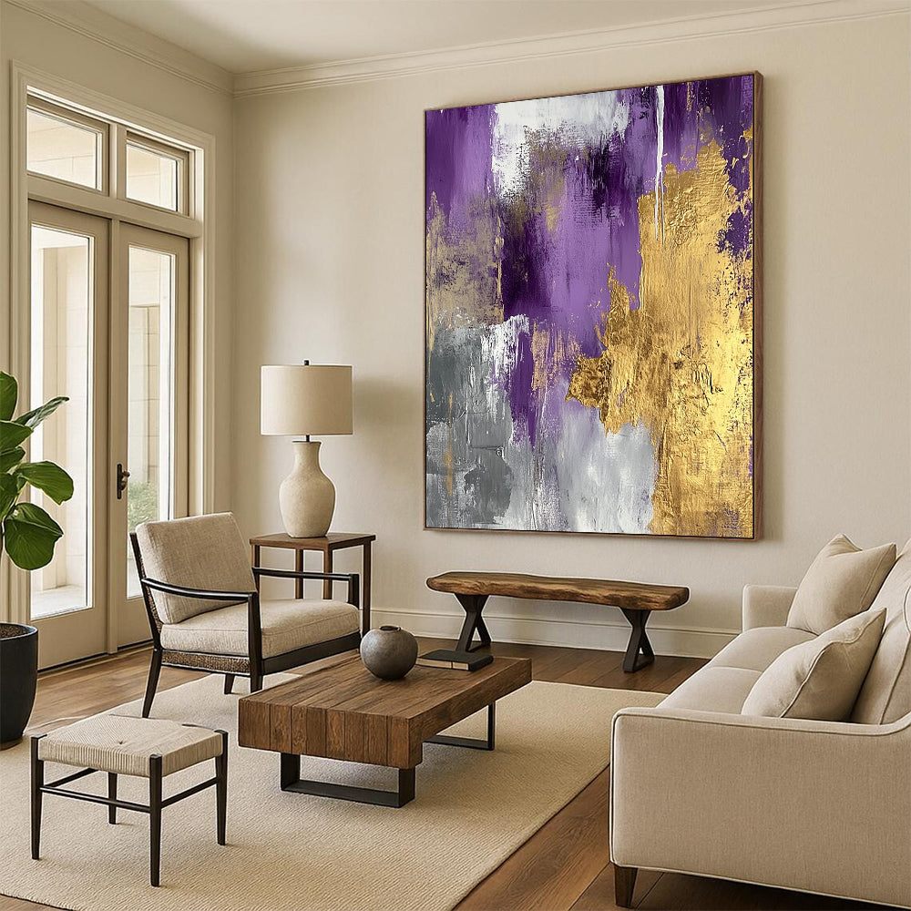 Unique Abstract Art Purple and Gold Abstract Textured Painting For Sale HS112